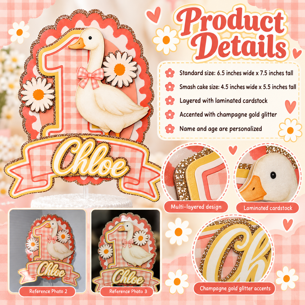 One Silly Goose cake topper product details with standard and smash cake dimensions, laminated layered cardstock and champagne gold glitter accents