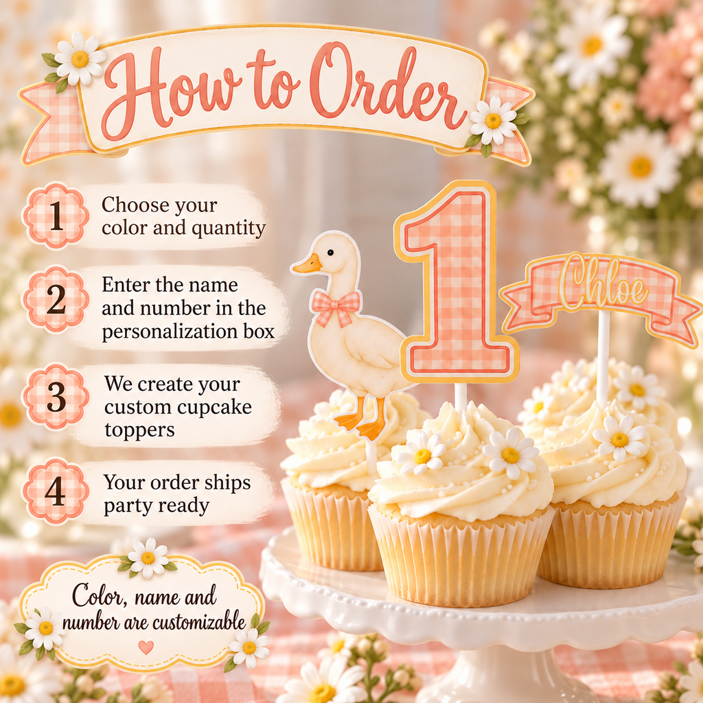How to order One Silly Goose cupcake toppers: choose color and quantity, enter the personalized name and number, and receive party ready toppers.