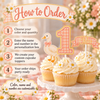 How to order One Silly Goose cupcake toppers: choose color and quantity, enter the personalized name and number, and receive party ready toppers.