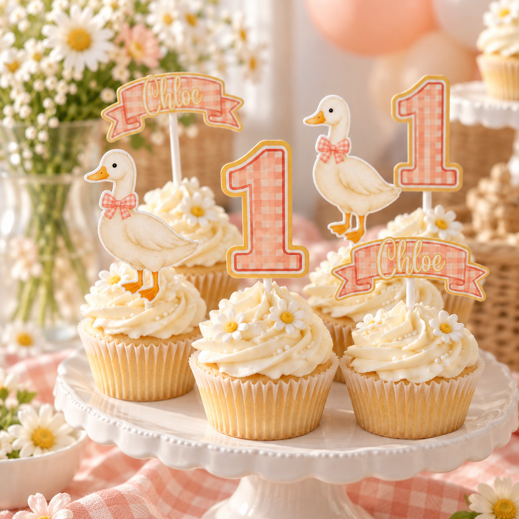 One Silly Goose pink gingham cupcake toppers displayed on a party dessert table with personalized Chloe banner, number one and goose toppers.