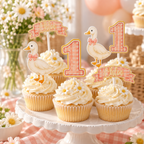 One Silly Goose pink gingham cupcake toppers displayed on a party dessert table with personalized Chloe banner, number one and goose toppers.