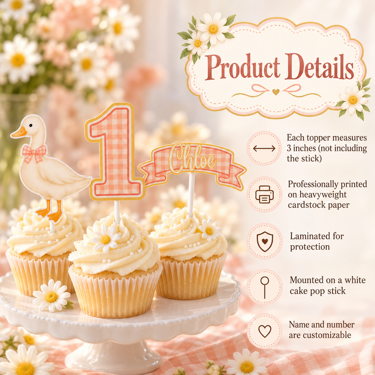 One Silly Goose cupcake topper product details showing 3 inch size, heavyweight cardstock, lamination, white cake pop sticks and customizable name and number.