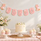 Personalized One Silly Goose first birthday banner in pink gingham displayed above a daisy birthday cake and dessert table.