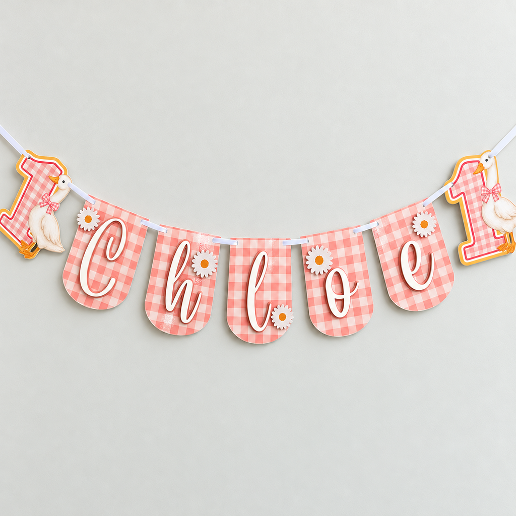 Pink gingham One Silly Goose first birthday banner personalized with Chloe, featuring layered daisy details and goose number one end panels.