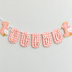 Pink gingham One Silly Goose first birthday banner personalized with Chloe, featuring layered daisy details and goose number one end panels.