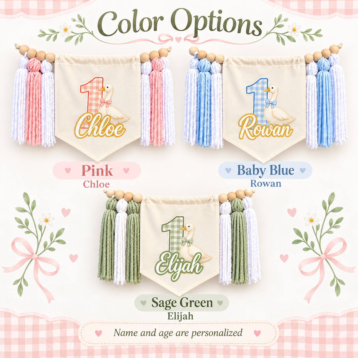 Personalized One Silly Goose first birthday high chair banner shown in pink, baby blue, and sage green with canvas pennant, wooden beads, yarn tassels, custom name and age.
