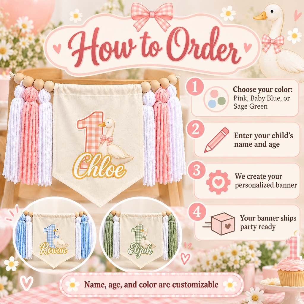 How to order a personalized One Silly Goose high chair banner: choose pink, baby blue, or sage green, enter the child’s name and age, and receive the banner party ready.