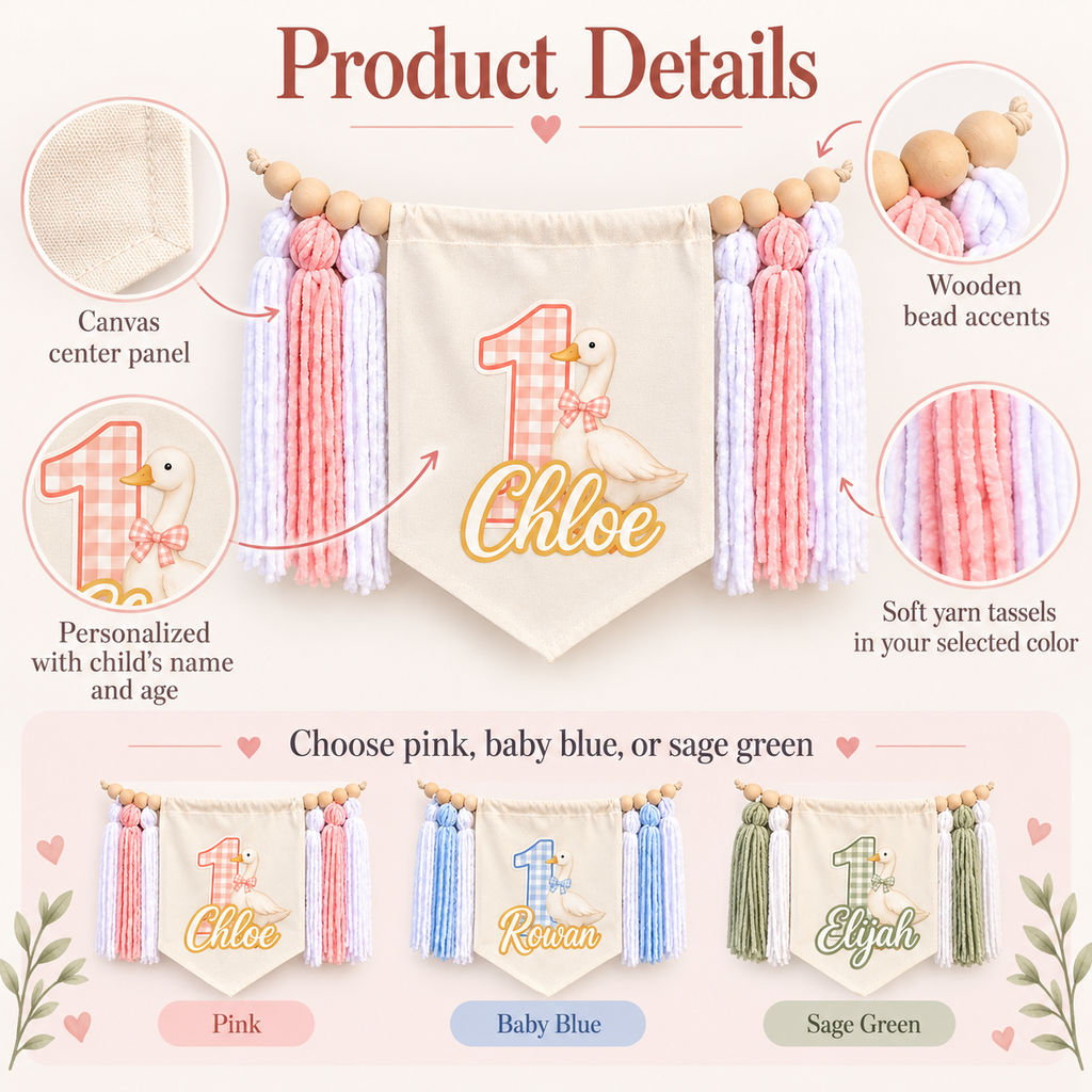Product details for the One Silly Goose high chair banner showing the canvas center panel, personalized name and age design, wooden bead accents, and soft yarn tassels.