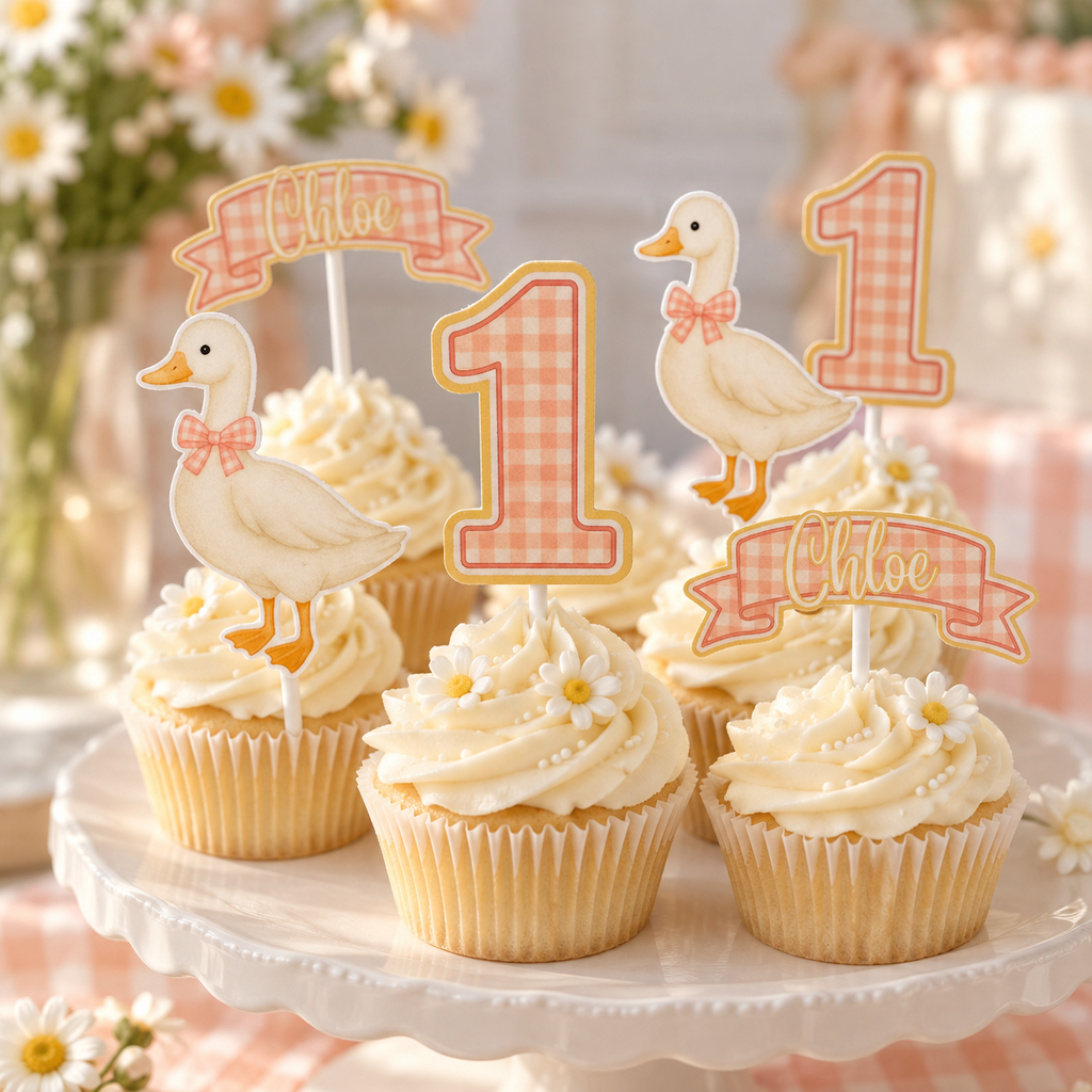 One Silly Goose personalized cupcake toppers in pink gingham with custom name banner, number one and goose designs on frosted cupcakes.