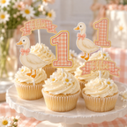 One Silly Goose personalized cupcake toppers in pink gingham with custom name banner, number one and goose designs on frosted cupcakes.
