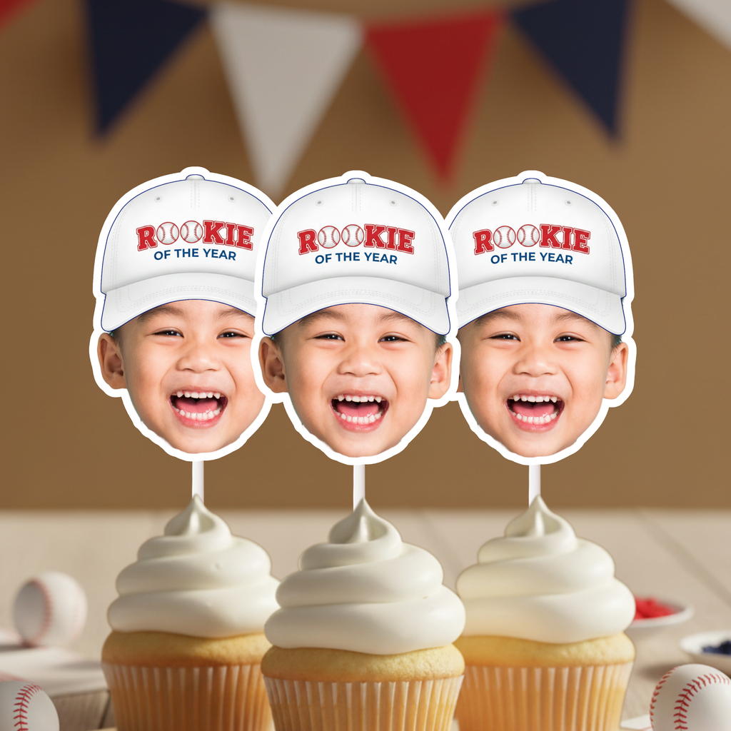 Set of personalized Rookie of the Year baseball birthday photo cupcake toppers displayed on frosted cupcakes, perfect for sports themed kids birthday parties and custom MVP celebration decor.