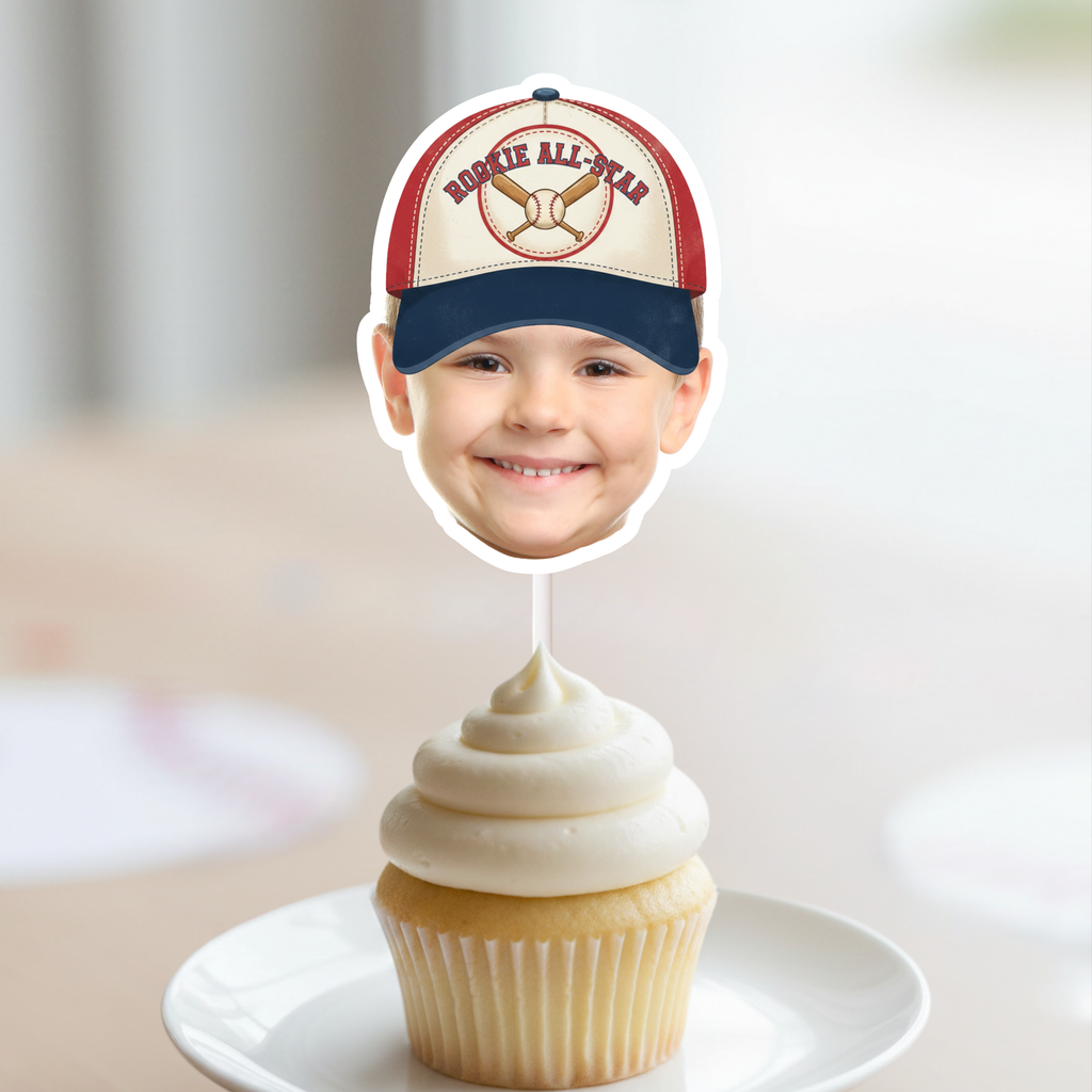 Personalized Vintage Rookie All-Star Baseball Cupcake Topper with child photo and red blue cap design displayed on smash cake cupcake for baseball first birthday celebration.
