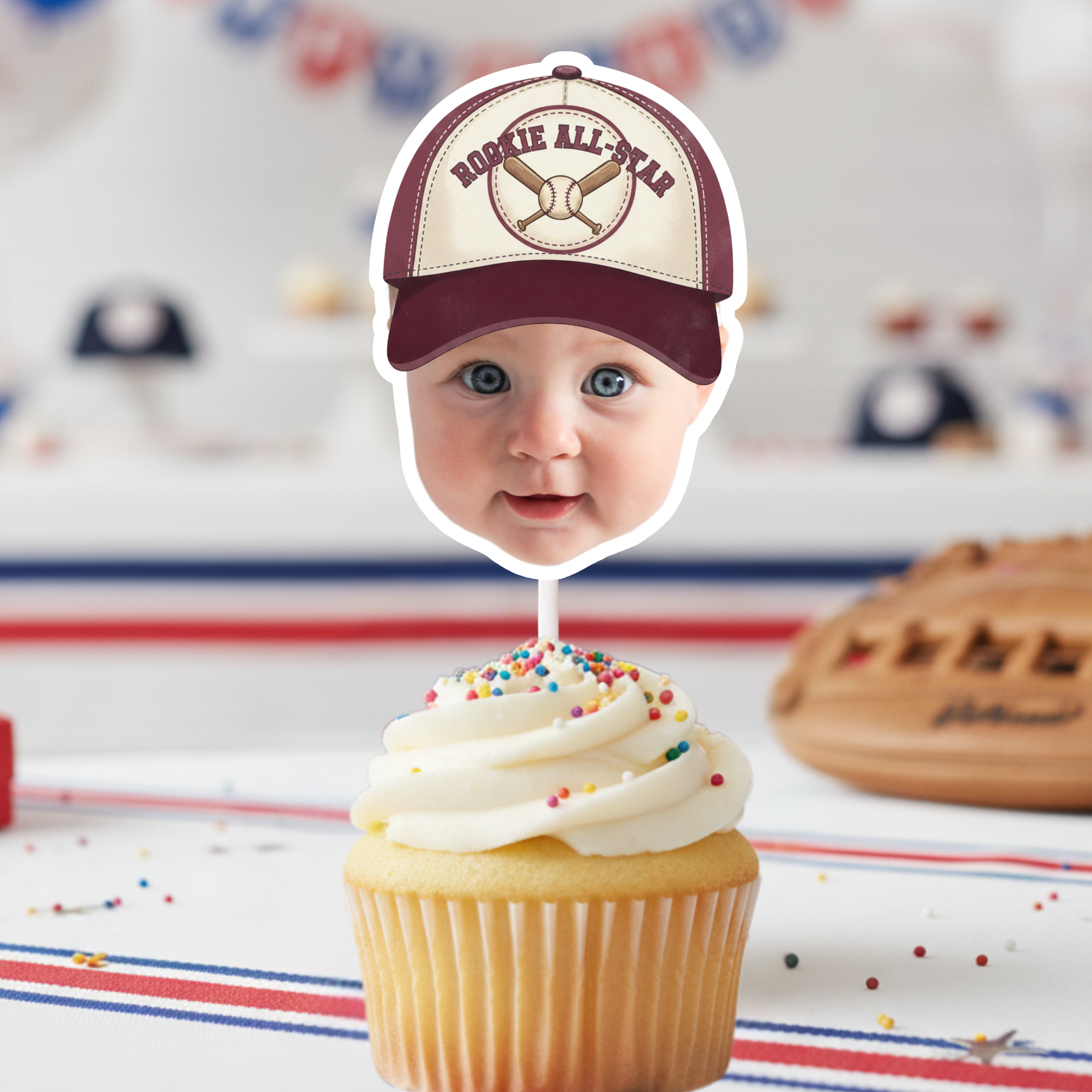 Personalized Vintage Rookie All-Star Baseball Cupcake Topper with baby photo in maroon cap design styled on frosted cupcake for baseball first birthday smash cake and patriotic party decor.