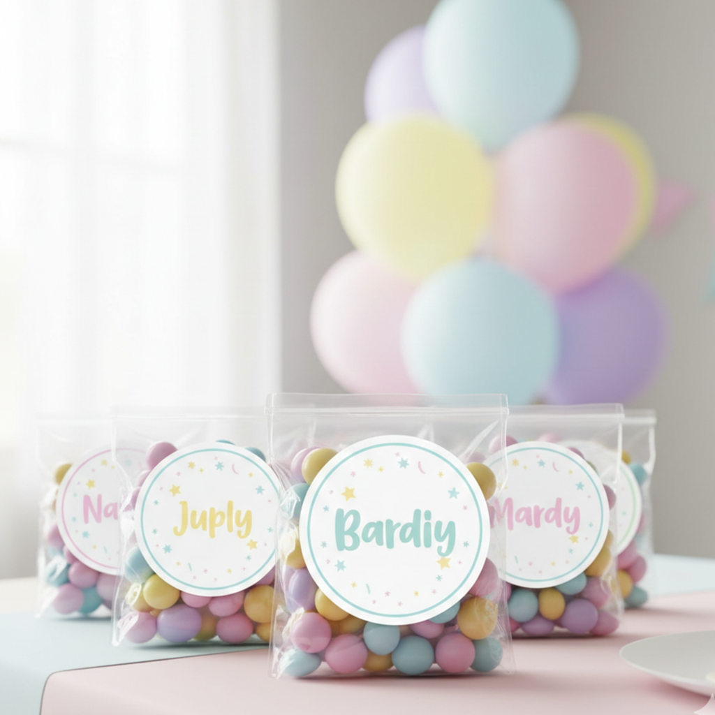 Personalized pastel birthday party candy bags featuring custom name stickers in soft pink, yellow, blue, and lavender tones. These custom birthday party favor stickers are perfect for kids birthday candy bags, treat bags, classroom birthday favors, and coordinated pastel birthday party decor.