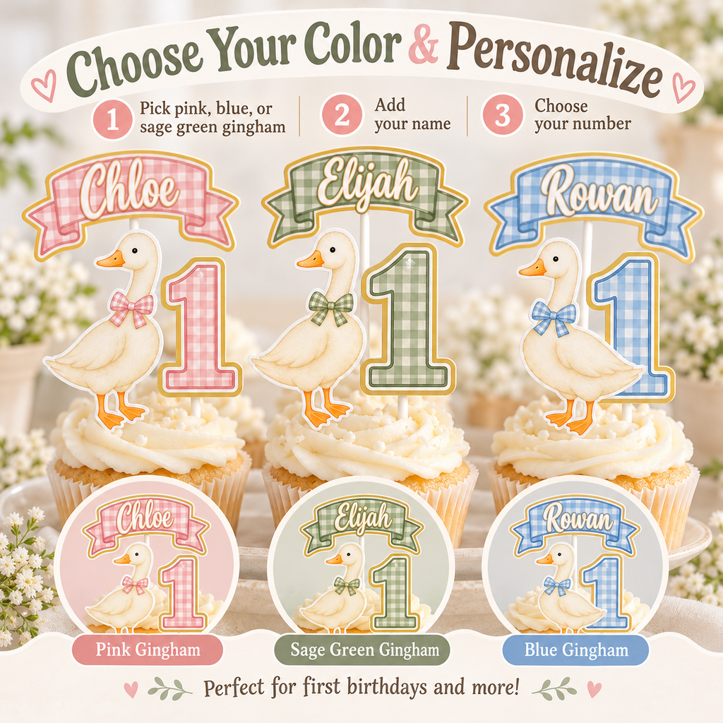 Personalized One Silly Goose cupcake topper color options showing pink gingham, sage green gingham and blue gingham with custom names and numbers.