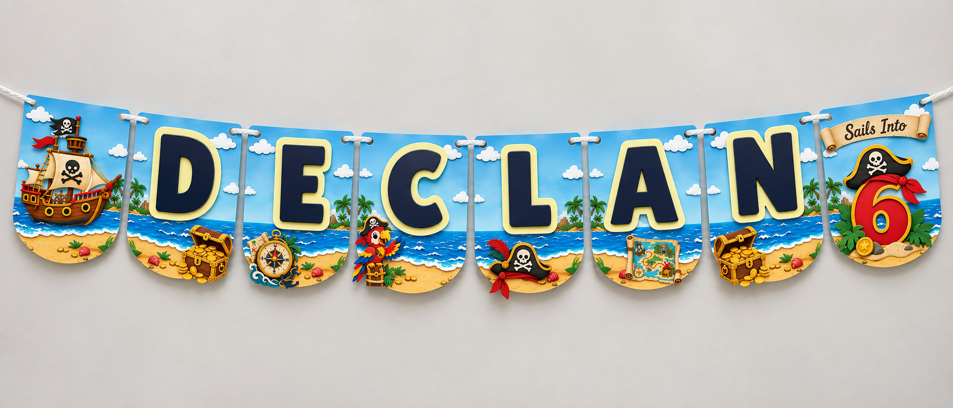 Personalized pirate birthday banner with Declan's name and age 6, handcrafted with layered laminated cardstock.