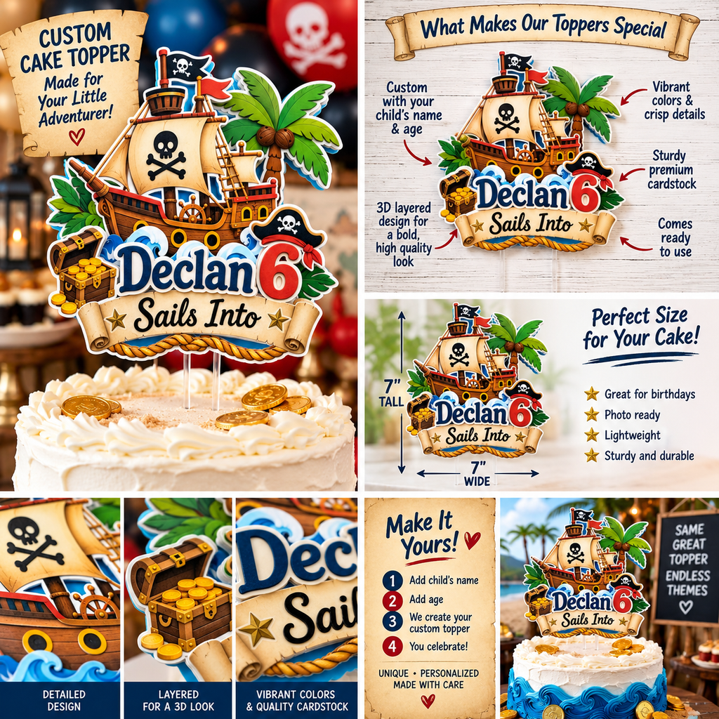 Personalized pirate birthday cake topper showing 3D layered cardstock details custom name and age pirate ship treasure chest and party display.