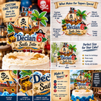 Personalized pirate birthday cake topper showing 3D layered cardstock details custom name and age pirate ship treasure chest and party display.