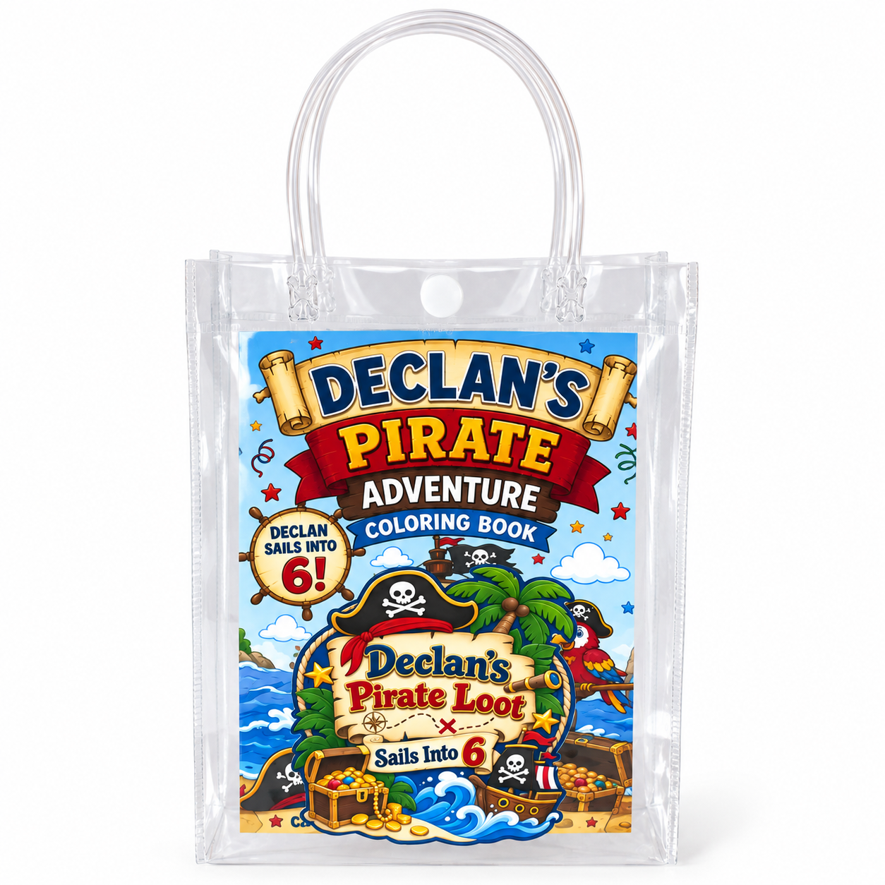 Close up of a personalized clear pirate birthday goodie bag with custom child name and age sticker, coloring book visible inside, and secure snap closure.