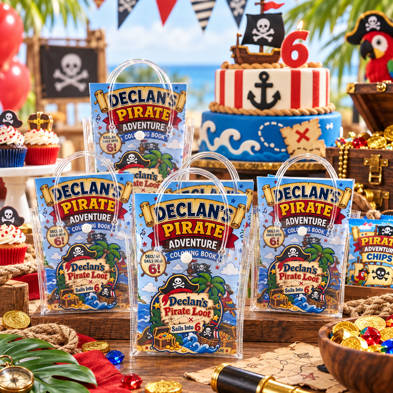 Personalized pirate birthday goodie bags displayed on a coordinated party table with custom name and age designs, clear handled favor bags and matching pirate birthday decorations.