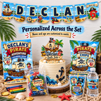 Coordinated pirate birthday party set personalized with the birthday child’s name and age across the banner, cake topper, coloring book, chip bag, goodie bag and drink favors.