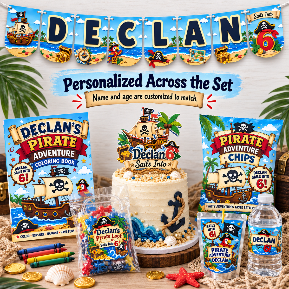 Coordinated pirate birthday party set personalized with the birthday child’s name and age across the banner, cake topper, coloring book, chip bag, goodie bag and drink favors.