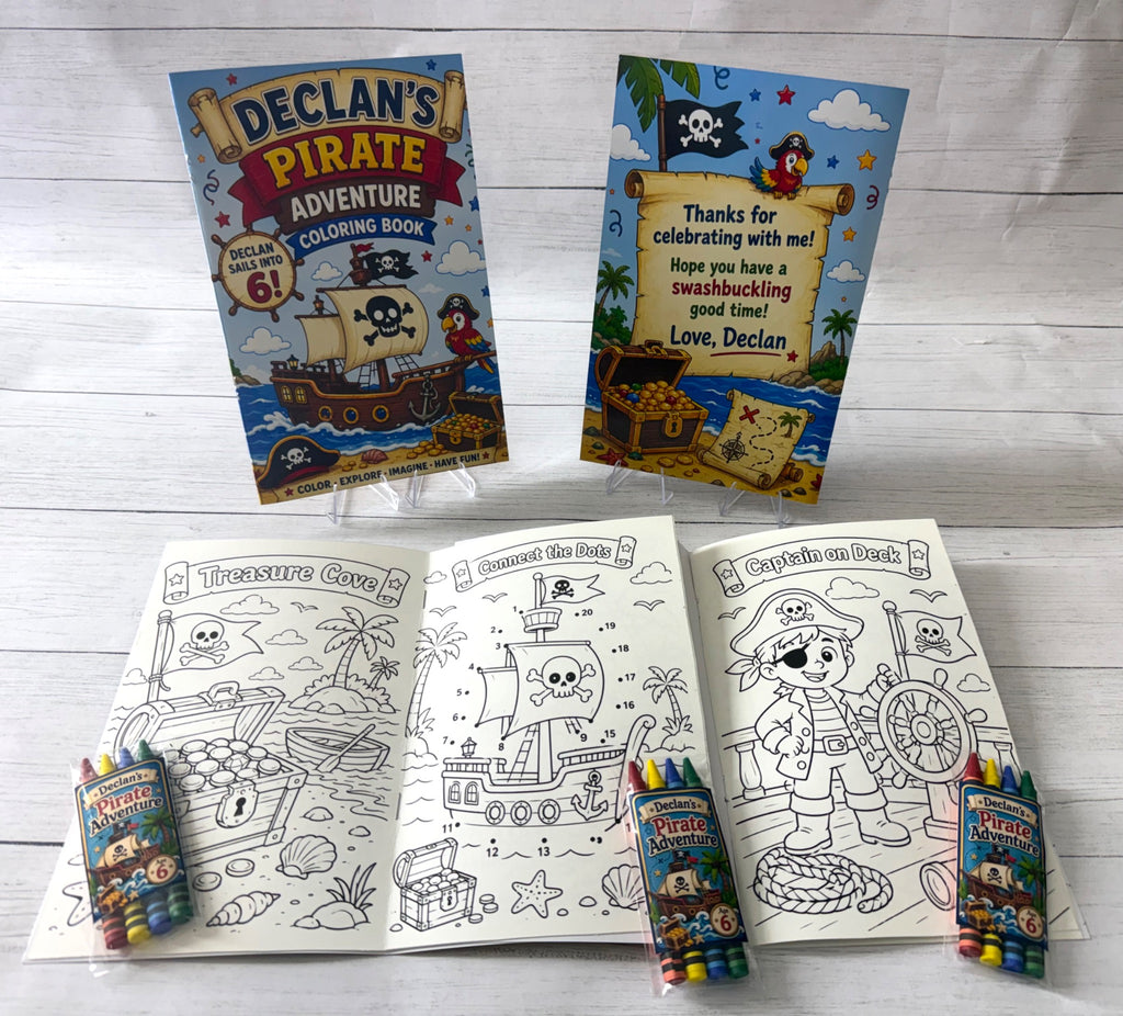 Personalized pirate birthday coloring book with custom coloring pages, activity pages and matching crayon packs.