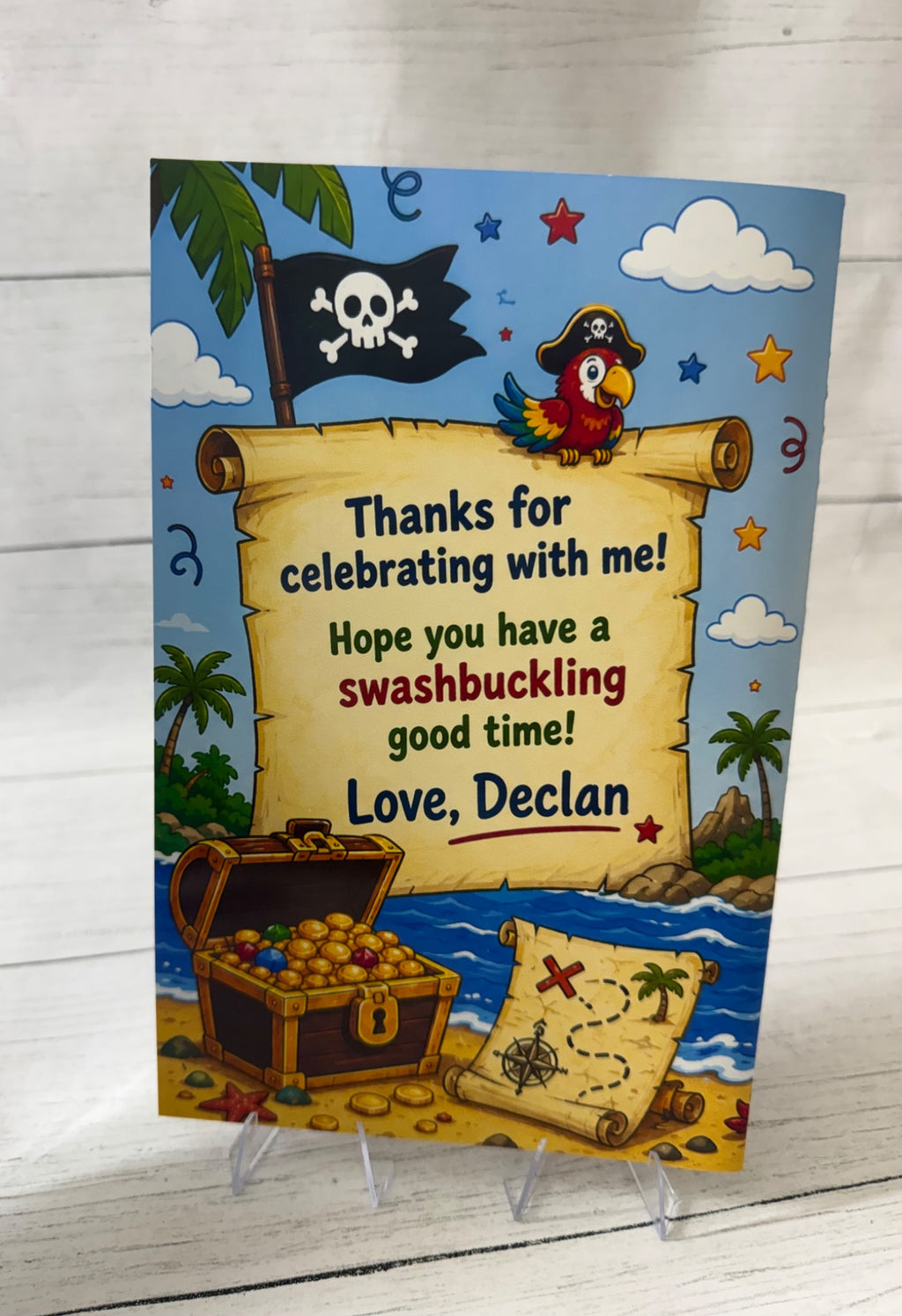 Personalized pirate birthday coloring book back cover with thank you message, treasure chest and treasure map.