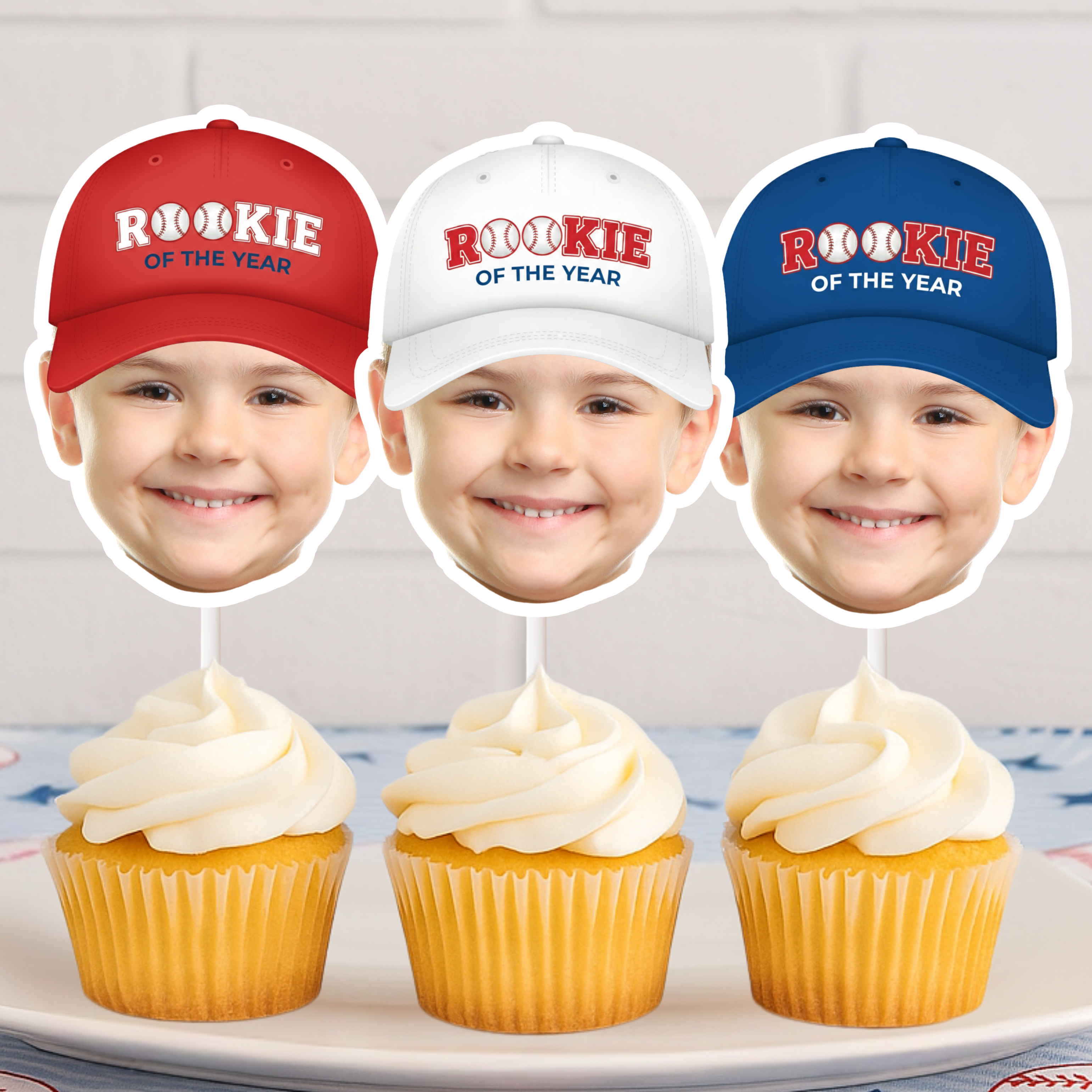 Personalized Rookie of the Year baseball photo cupcake toppers shown in red, white, and blue cap color options, ideal for first birthday baseball party decorations, MVP themed celebrations, and All Star birthday dessert tables.