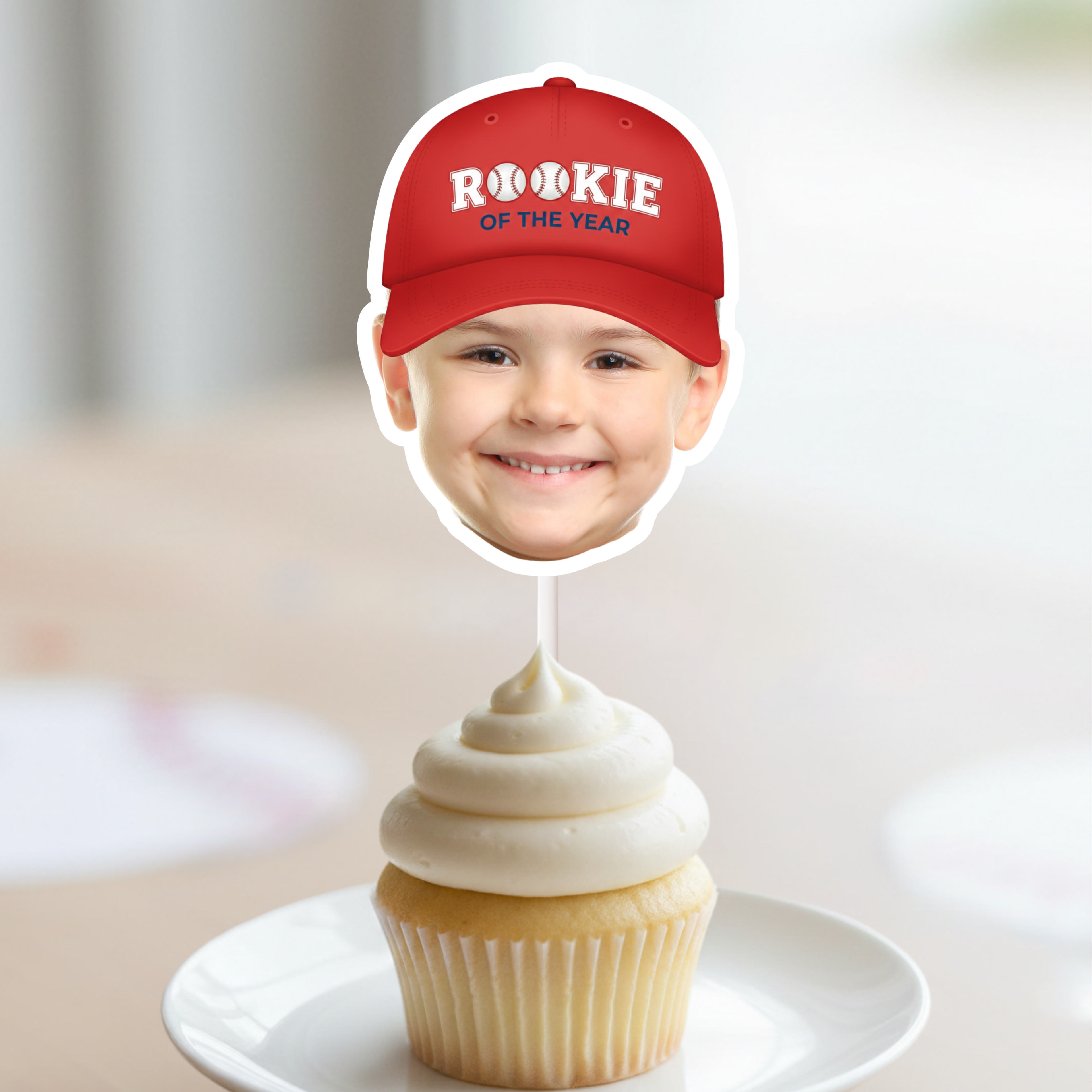 Personalized Rookie of the Year baseball smash cake cupcake topper with red cap design, styled for a baseball themed first birthday party, MVP milestone celebration, and custom sports dessert table.