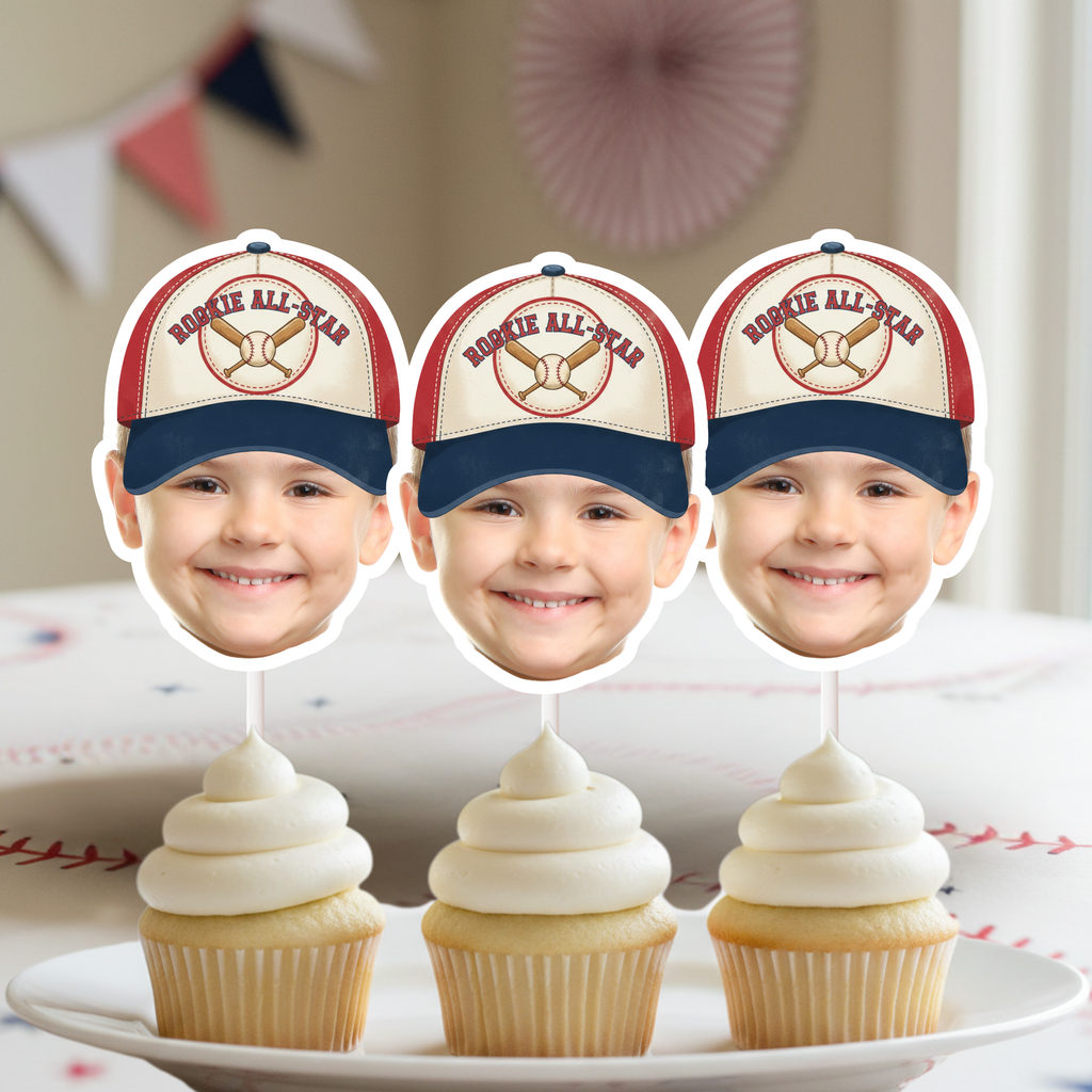 Personalized Vintage Rookie All-Star Baseball Cupcake Toppers in classic red white and blue displayed on frosted cupcakes for baseball first birthday smash cake and all American party theme.