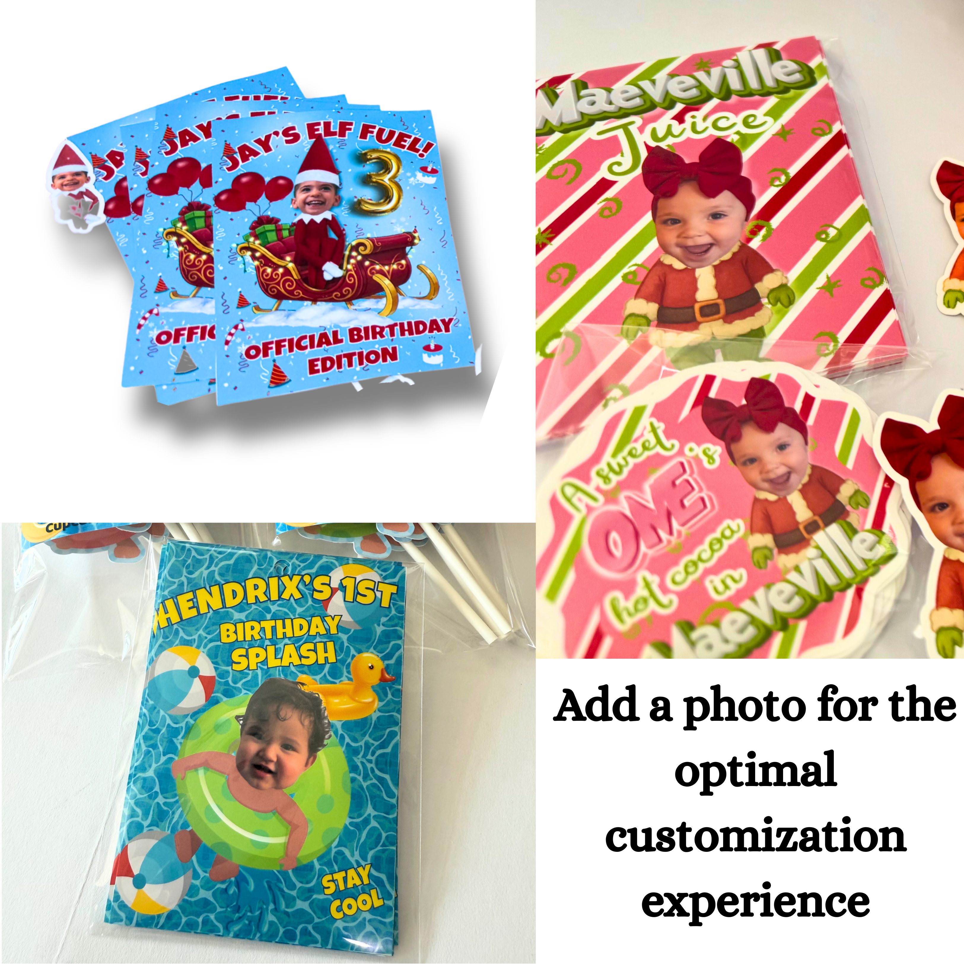 Personalized photo Capri Sun birthday labels featuring custom party themes and child photo drink wraps designed for kids birthday party favors and dessert tables. he text reads, Add a photo for the optimal customization experience. 