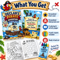 Personalized pirate birthday coloring book set with eight activity pages and coordinating four-pack of crayons.