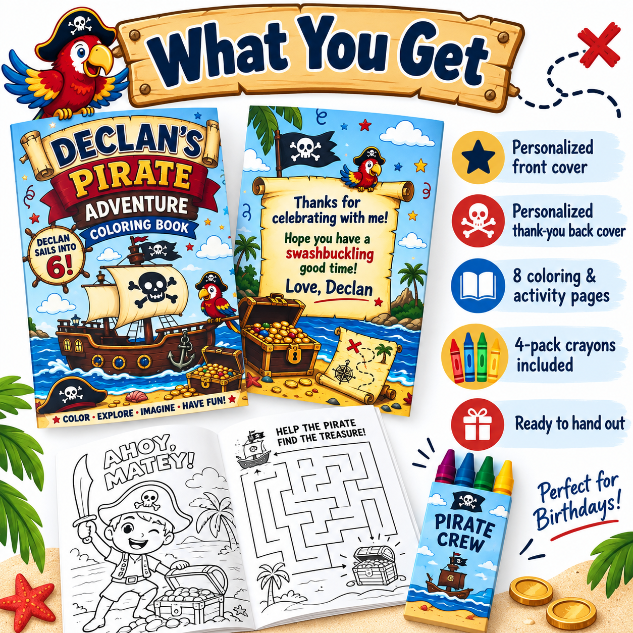 Personalized pirate birthday coloring book set with eight activity pages and coordinating four-pack of crayons.