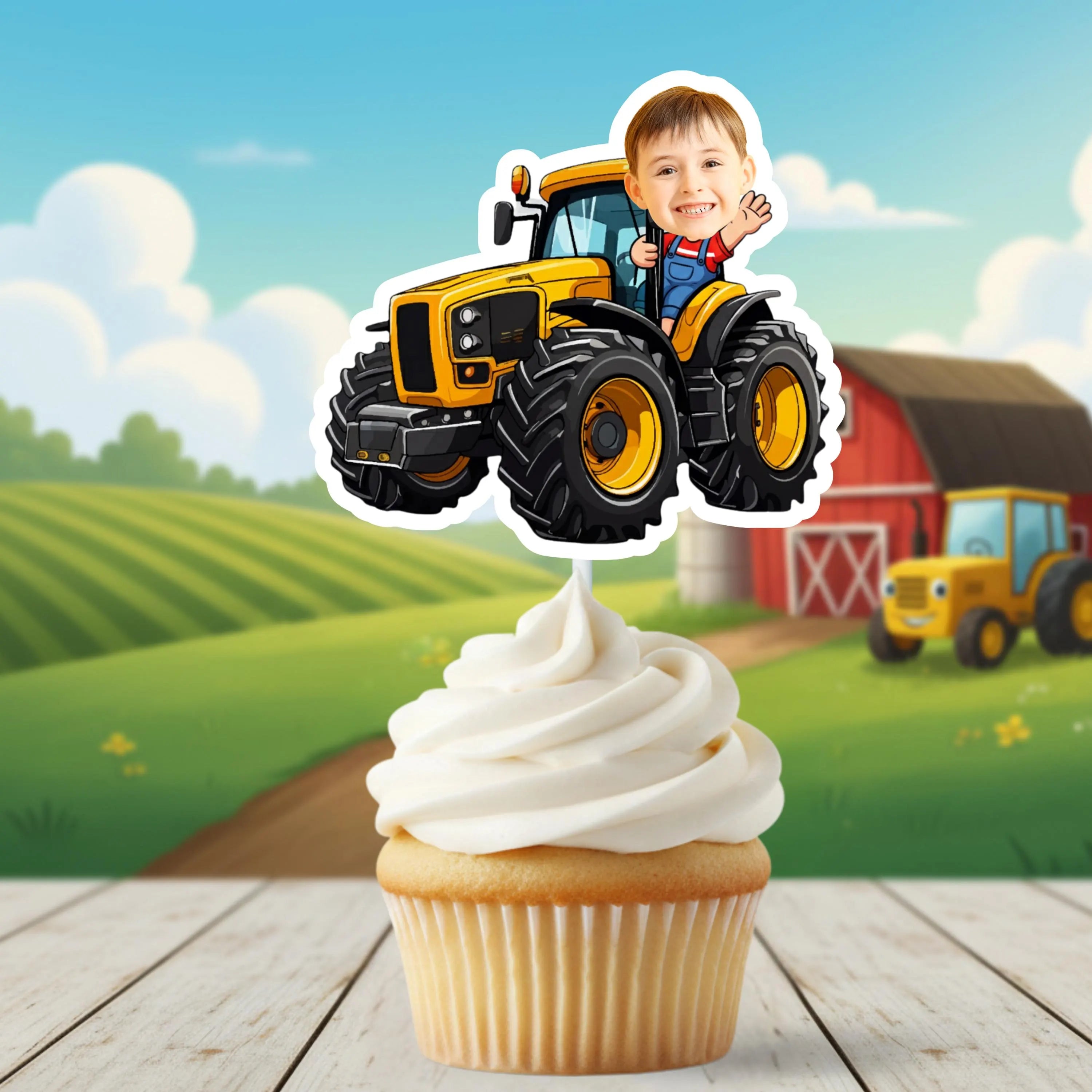 Personalized tractor cupcake topper featuring a smiling child photo driving a yellow farm tractor, displayed on a vanilla cupcake. Perfect for farm themed first birthday parties, tractor birthday decorations, and custom photo dessert toppers for boys.