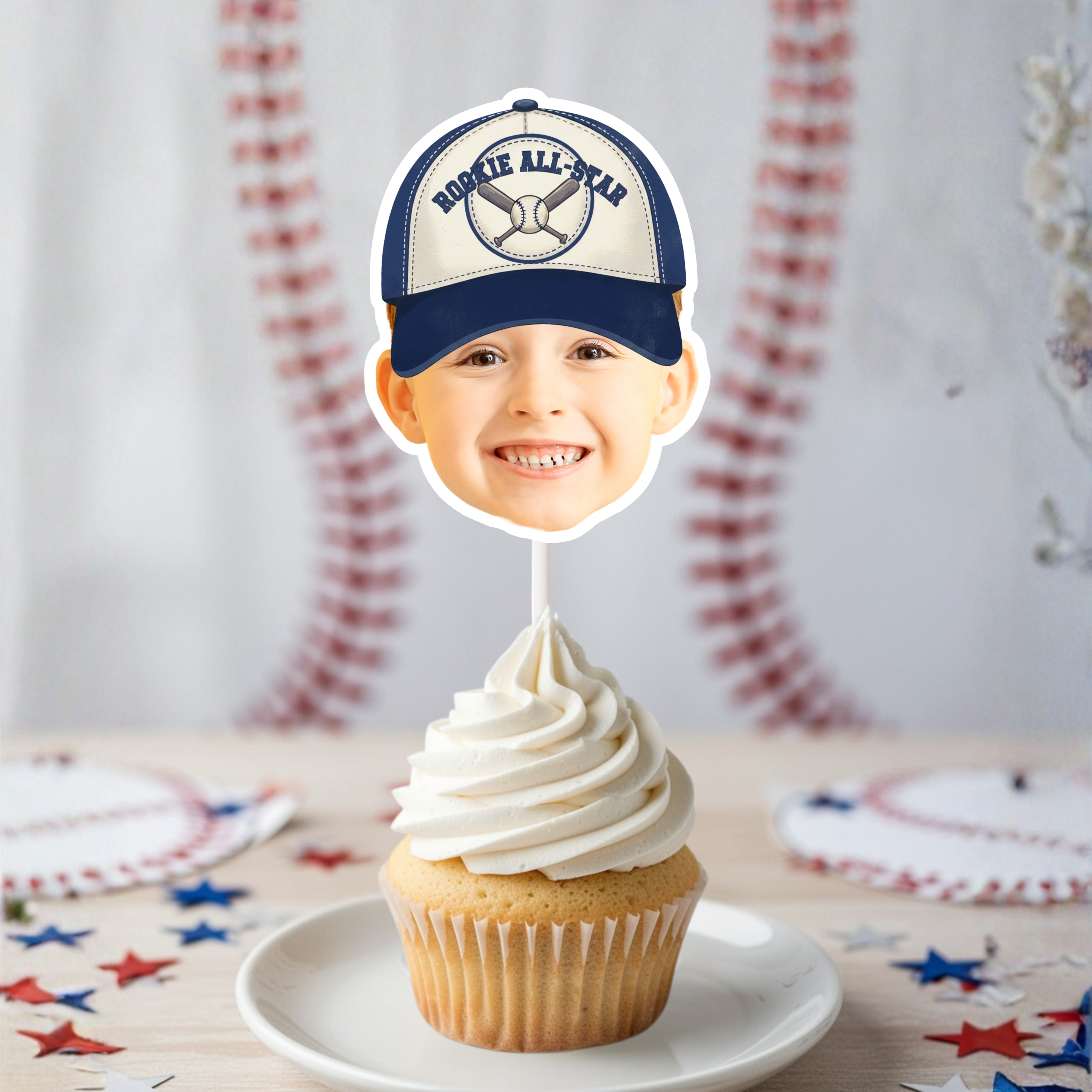 Photo Baseball Rookie All American Cupcake Topper featuring vintage blue Rookie All-Star cap design displayed on frosted cupcake for baseball first birthday party and patriotic dessert table decor