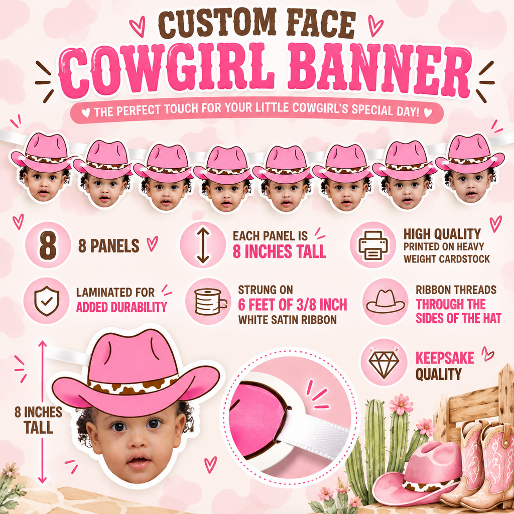 Personalized pink cowgirl hat photo banner with eight child face panels displayed across a neutral white wall for a clean western birthday party backdrop