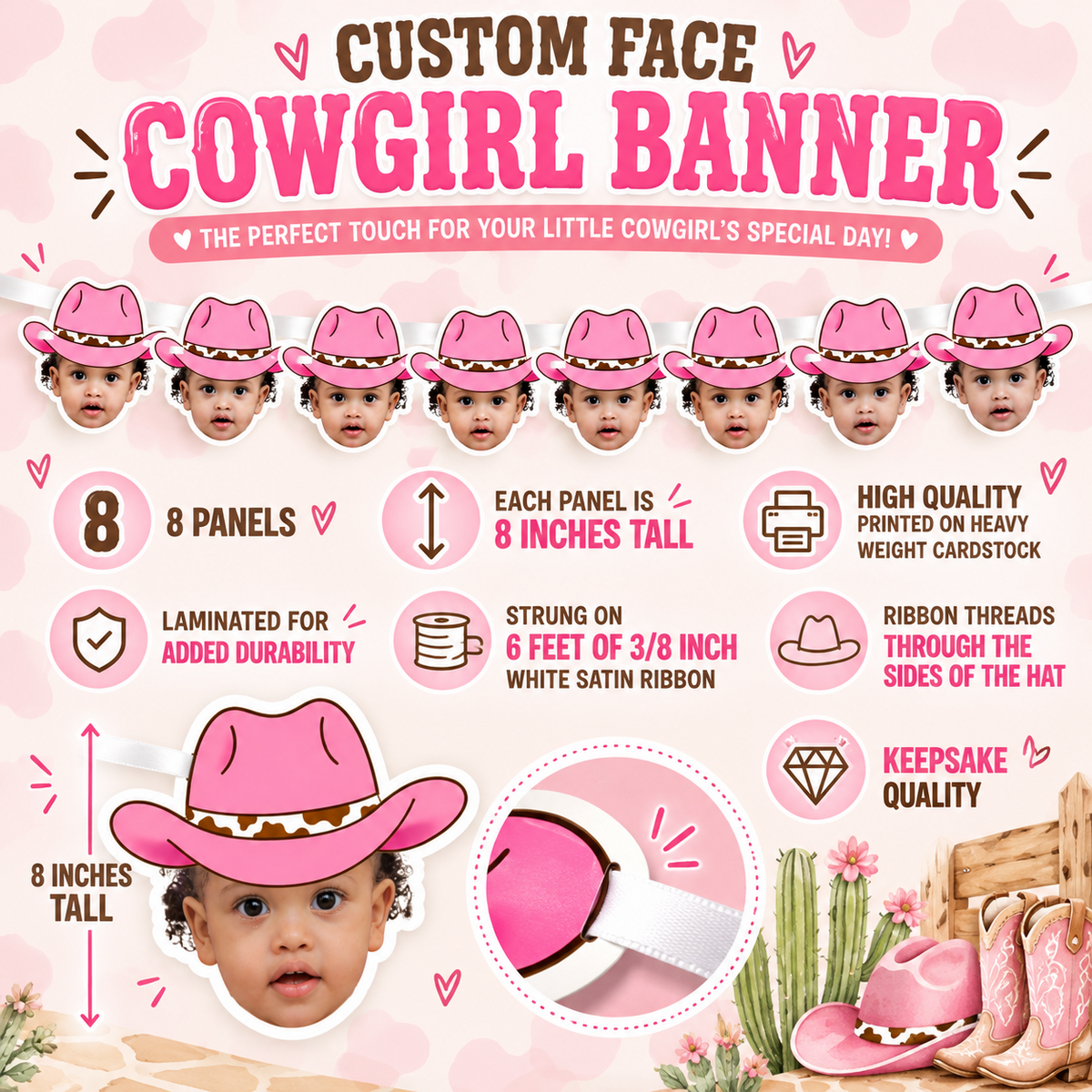 Personalized pink cowgirl hat photo banner with eight child face panels displayed across a neutral white wall for a clean western birthday party backdrop