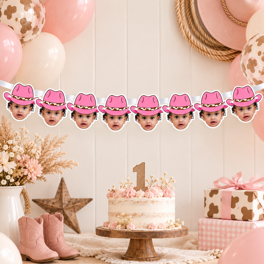 How to order a personalized pink cowgirl hat photo banner by uploading a photo having it cropped and edited receiving a proof approving within 24 hours and having the banner created and shipped