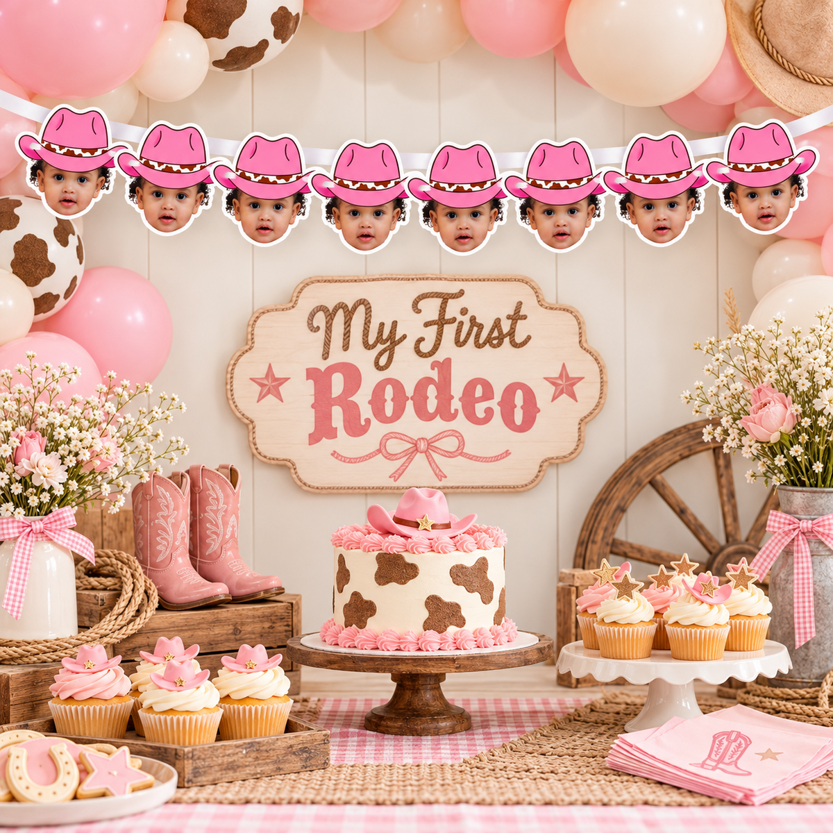 Personalized pink cowgirl hat photo banner details showing eight panels each approximately eight inches tall printed on heavyweight cardstock laminated and strung on six feet of three eighth inch white satin ribbon