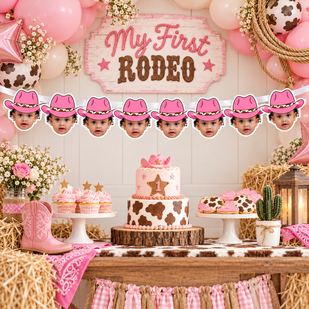 Personalized pink cowgirl hat photo banner displayed with pink and cream balloons cow print accents rope cowboy hat flowers and western birthday party decor