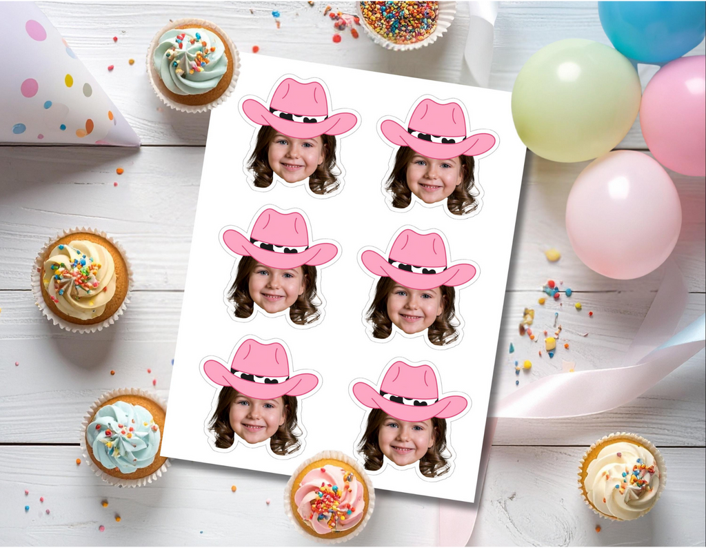 Printable sheet of personalized pink cowgirl photo cupcake toppers featuring a child’s face wearing a bright pink western hat
