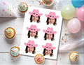 Printable sheet of personalized pink cowgirl photo cupcake toppers featuring a child’s face wearing a bright pink western hat