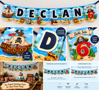 Personalized pirate birthday banner with close-up layered cardstock details, custom age panel and styled party display.