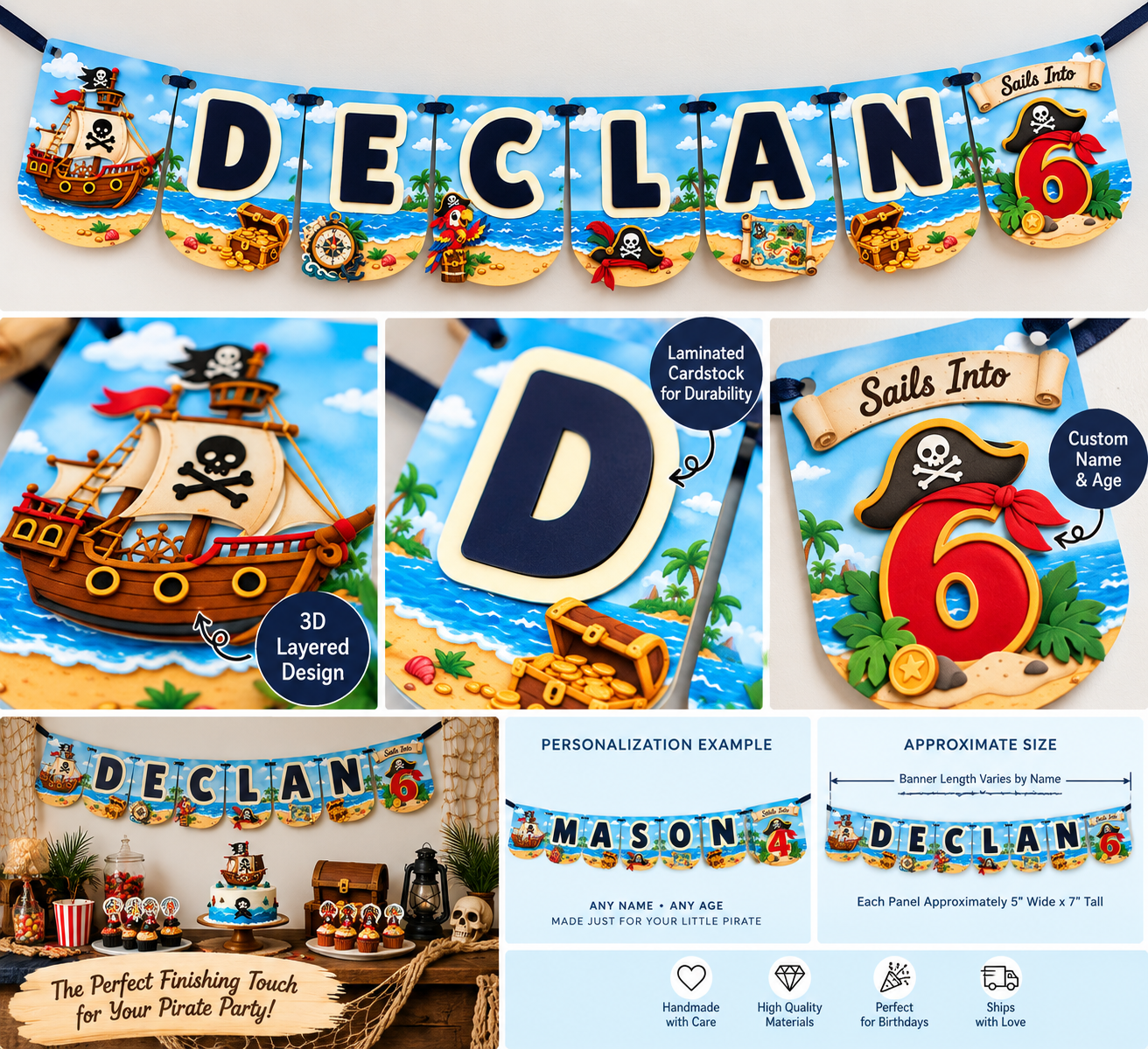 Personalized pirate birthday banner with close-up layered cardstock details, custom age panel and styled party display.