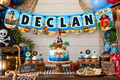 Personalized pirate birthday banner with layered name and age panels displayed as coordinated party decor.