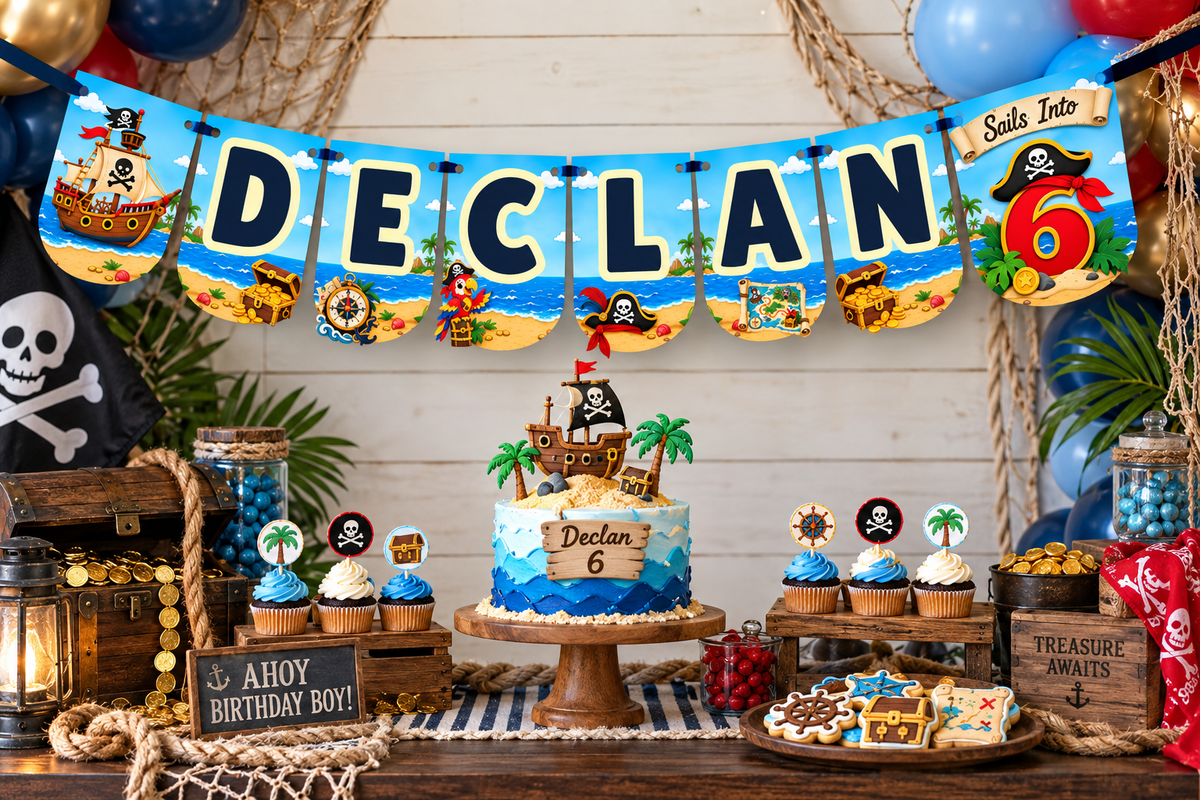 Personalized pirate birthday banner with layered name and age panels displayed as coordinated party decor.