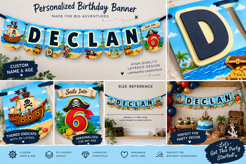 Pirate birthday banner showing personalized name and age, layered 3D cardstock details, end panels and full banner design.