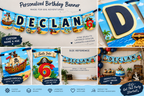 Pirate birthday banner showing personalized name and age, layered 3D cardstock details, end panels and full banner design.