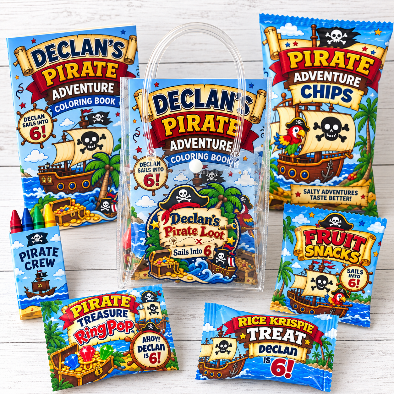 Personalized pirate birthday goodie bag shown with coordinating party favors including coloring book and crayons, chip bag, Rice Krispie treat, Ring Pop, fruit snacks, and matching pirate themed packaging.